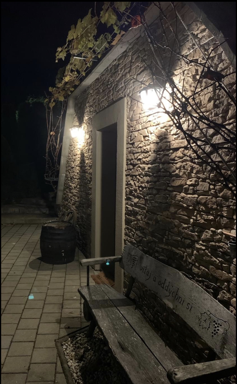 Eingang zum Weinkeller mit Steinverblender Rock Vrsatec brown verkleidet Nachtbild